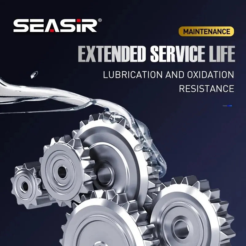 SEASIR protective grease and lubricant oil for fishing reel bearings, shown in 20ml containers with fishing maintenance tools.