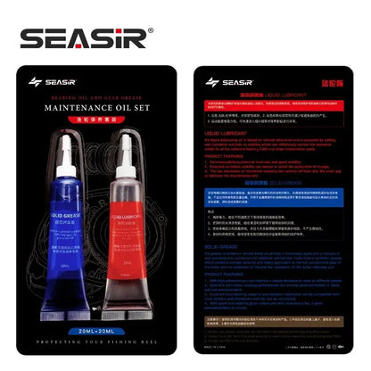 BackupMyFilesNow® SEASIR protective grease and lubricant oil for fishing reel bearings, shown in two 20ml containers with fishing tools.