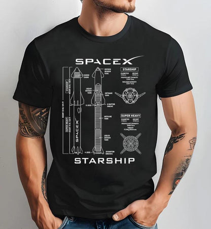 SpaceX Blueprint unisex Rocket Lover shirt featuring Boca Chica launch site and Raptor engine design for space enthusiasts.