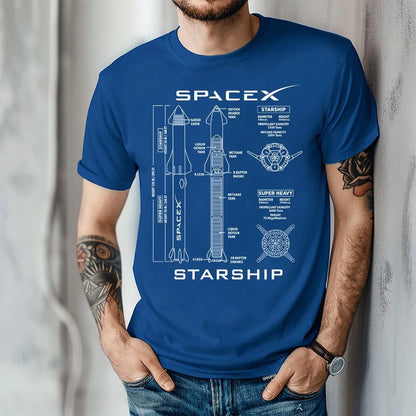 Unisex SpaceX Blueprint Rocket Lover shirt featuring Boca Chica launch site and Raptor engine design, suitable for men and women.