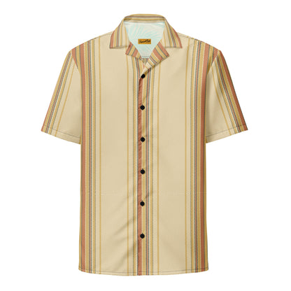 Golden Isles luxury performance button-down shirt from Brinks Island Collection, shown in a close-up of beige fabric and collar.
