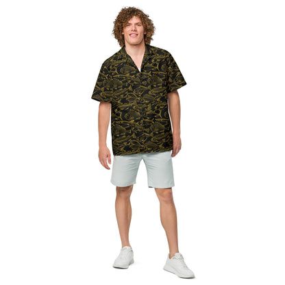 Hawaiian button shirt with gold ocean-inspired pattern, vibrant colors, and floral design by BACKUPMYFILESNOW.COM®.
