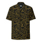 Hawaiian button shirt from Sea of Gold Riches collection featuring vibrant ocean-inspired gold and navy floral patterns.