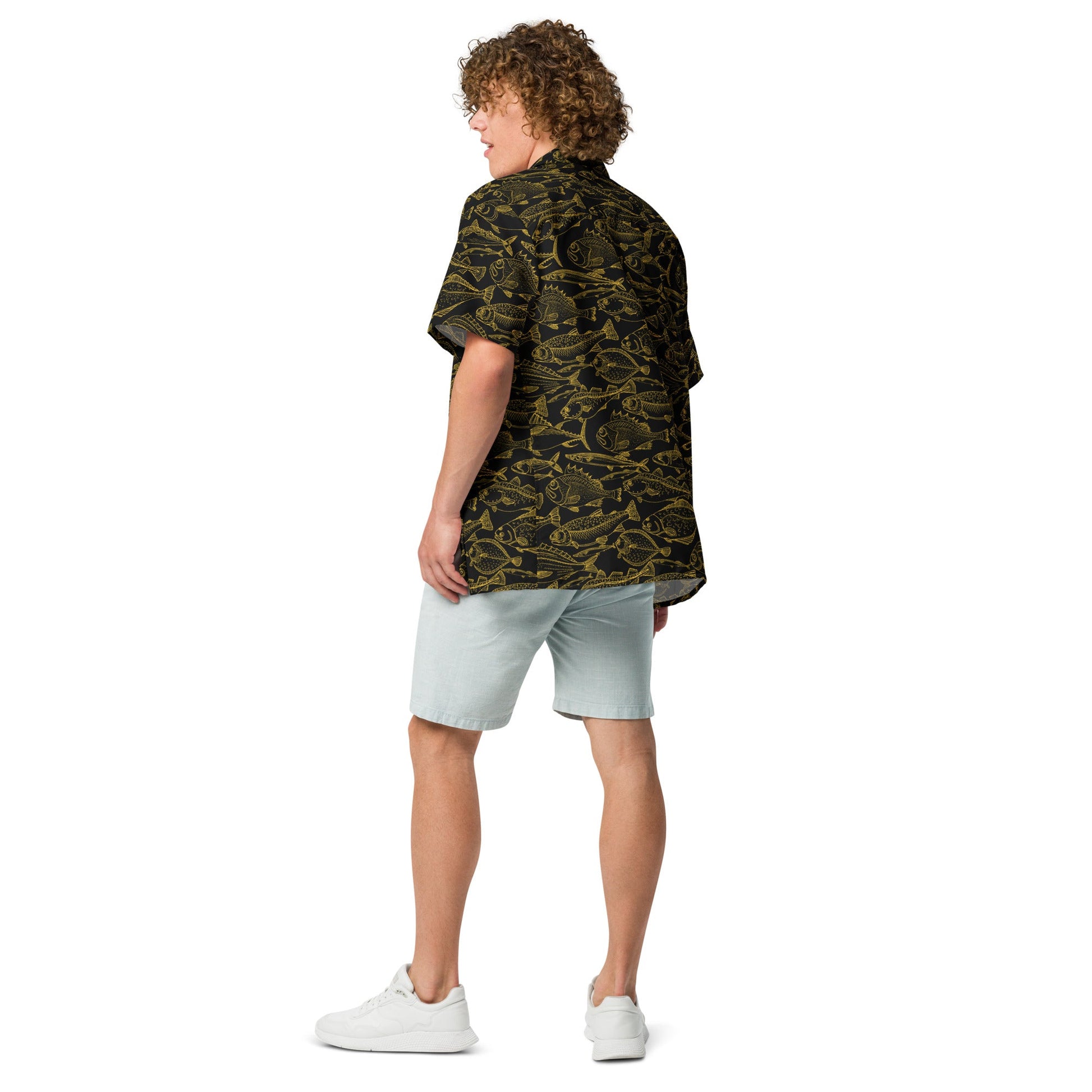 Hawaiian button shirt by BACKUPMYFILESNOW.COM® featuring a vibrant sea of gold riches ocean-inspired pattern.