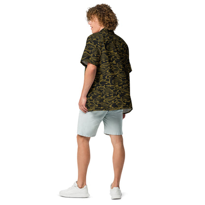 Hawaiian button shirt by BACKUPMYFILESNOW.COM® featuring a vibrant sea of gold riches ocean-inspired pattern.