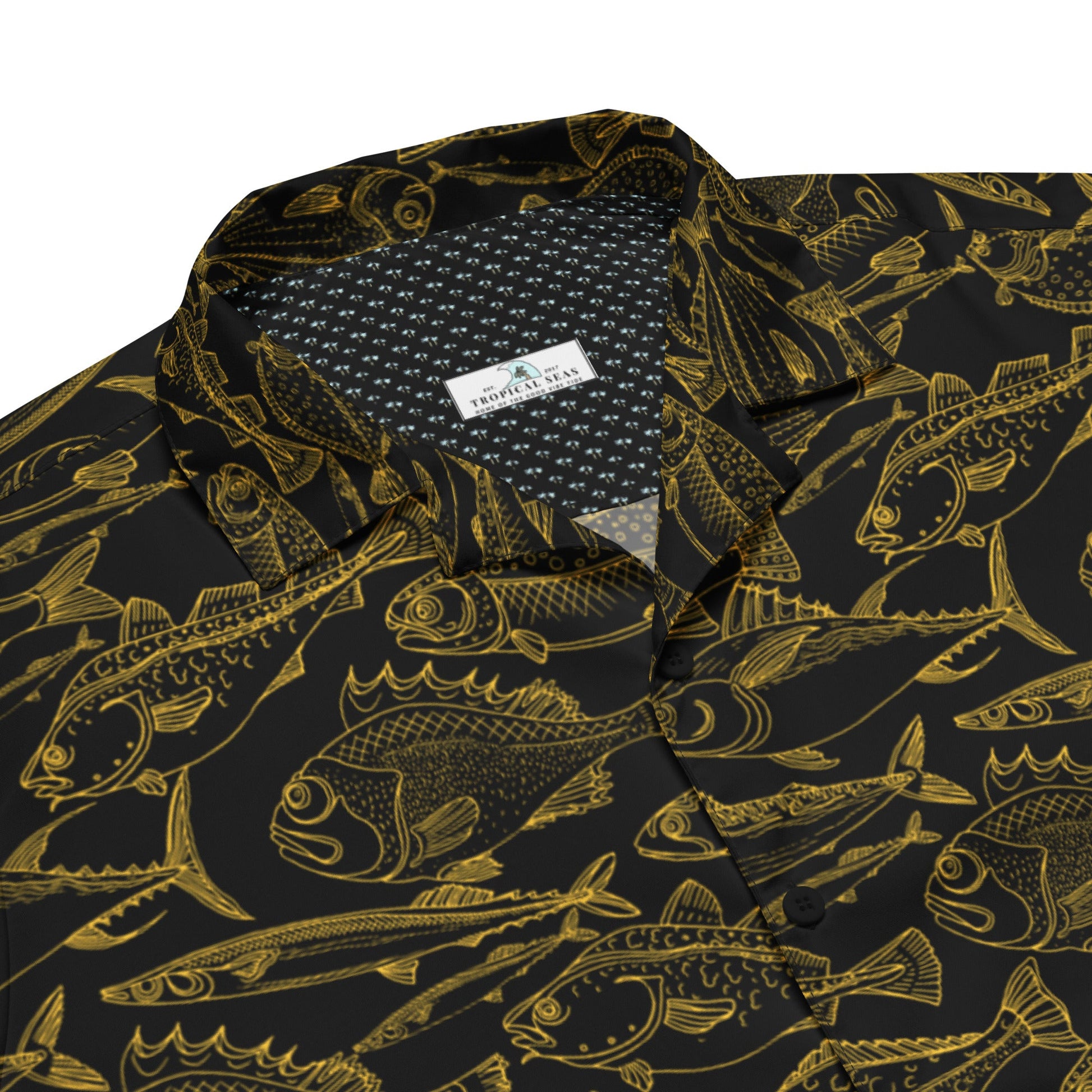 Hawaiian button shirt with gold ocean-themed pattern, vibrant colors, and tropical design by BACKUPMYFILESNOW.COM®