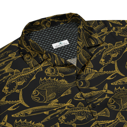 Hawaiian button shirt with gold ocean-themed pattern, vibrant colors, and tropical design by BACKUPMYFILESNOW.COM®