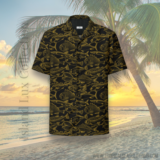 Hawaiian button shirt with gold ocean-themed patterns, vibrant colors, and tropical design by BACKUPMYFILESNOW.COM®.