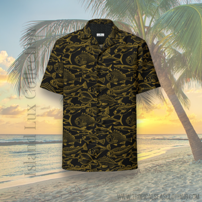 Hawaiian button shirt with gold ocean-themed patterns, vibrant colors, and tropical design by BACKUPMYFILESNOW.COM®.
