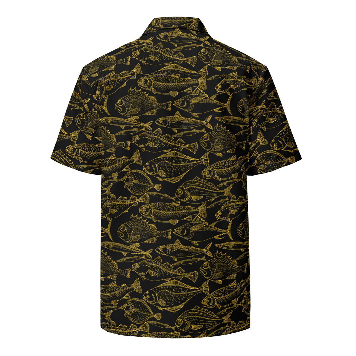 Hawaiian button shirt with gold ocean-themed pattern, featuring vibrant colors and tropical floral design for a luxurious look.