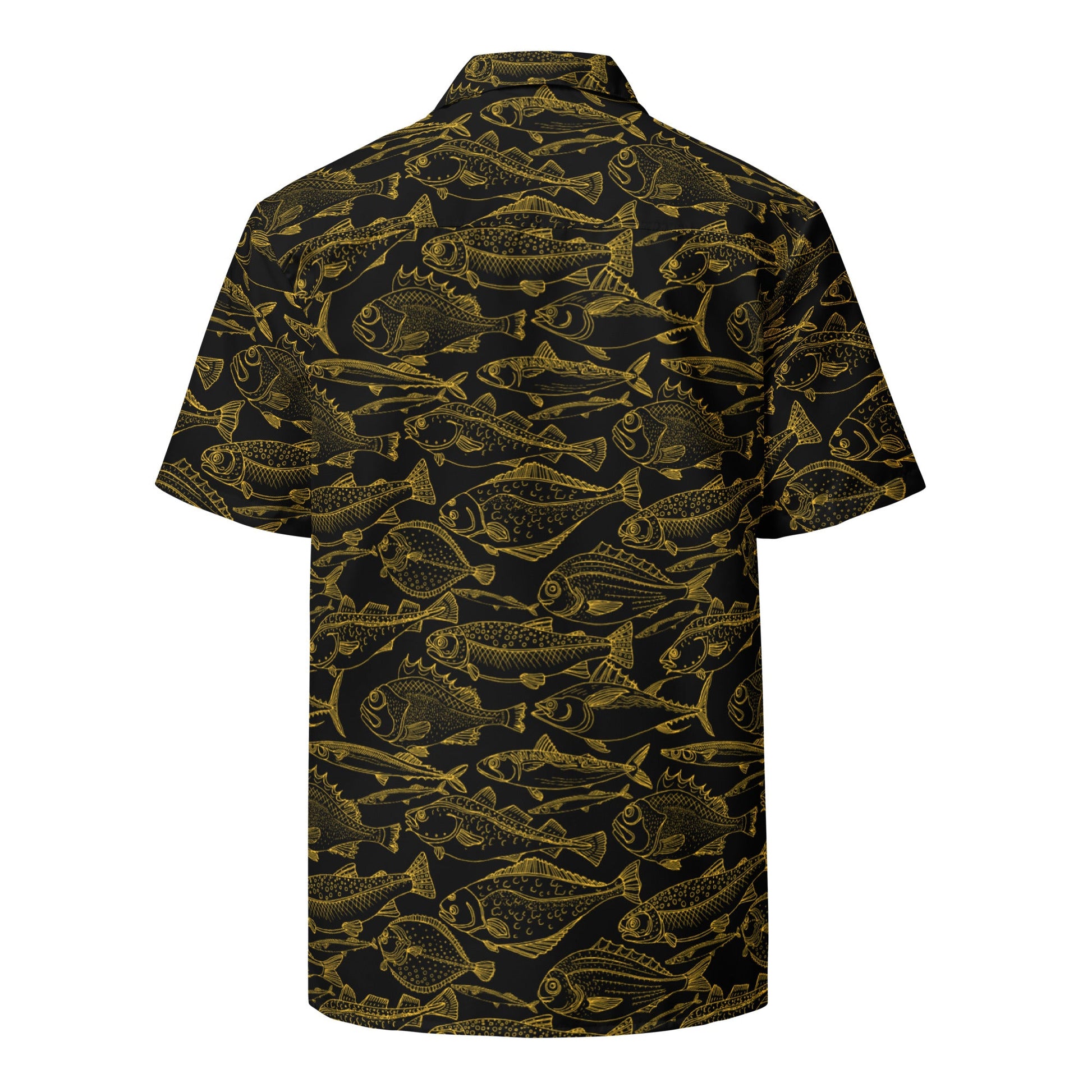 Hawaiian button shirt with gold ocean-themed pattern, featuring vibrant colors and tropical floral design for a luxurious look.