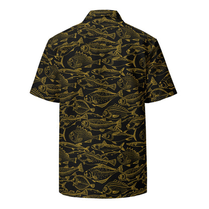 Hawaiian button shirt with gold ocean-themed pattern, featuring vibrant colors and tropical floral design for a luxurious look.