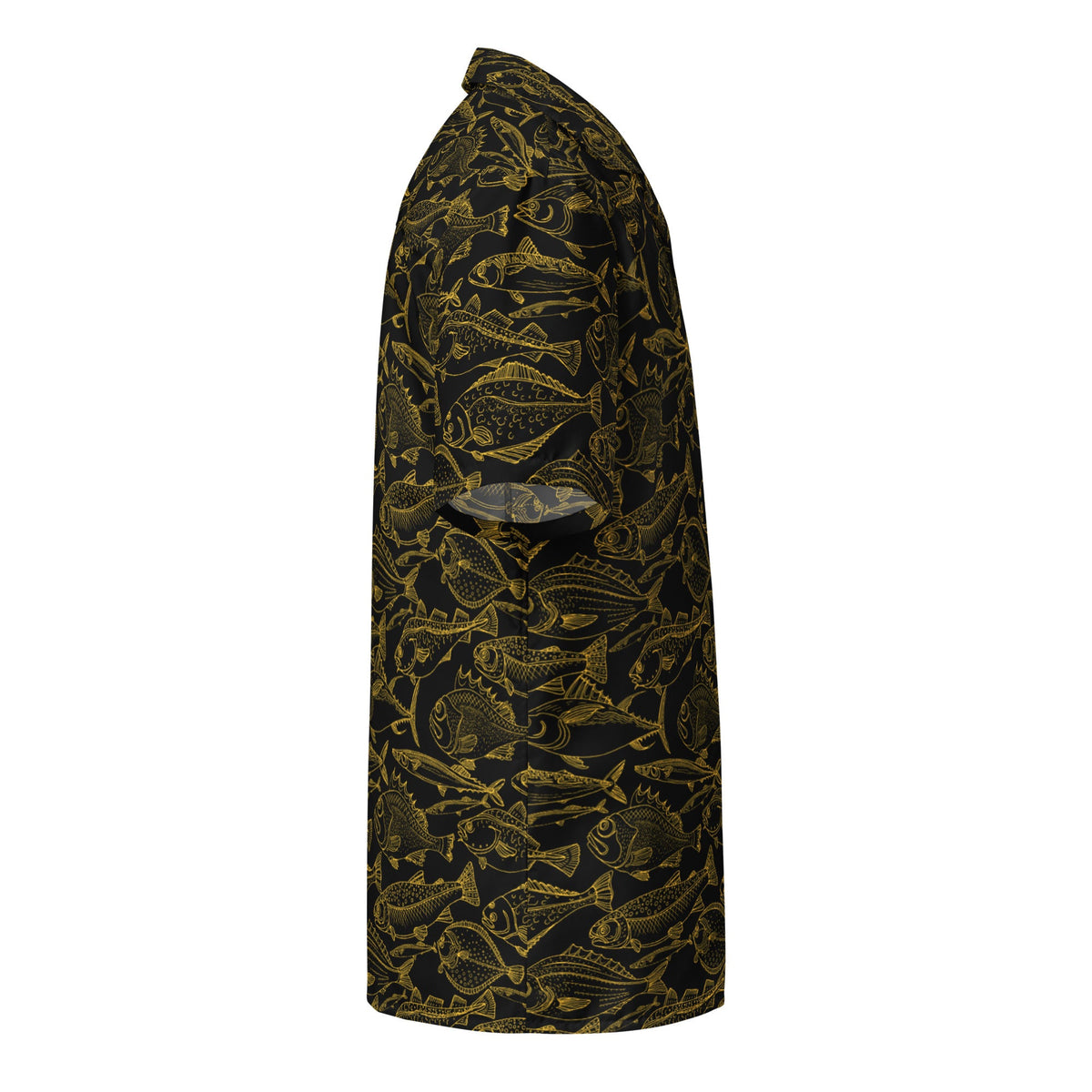Hawaiian button shirt with gold ocean-inspired pattern featuring vibrant colors and floral designs, by BACKUPMYFILESNOW.COM®.