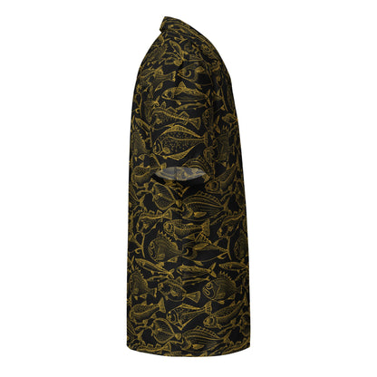 Hawaiian button shirt with gold ocean-inspired pattern featuring vibrant colors and floral designs, by BACKUPMYFILESNOW.COM®.