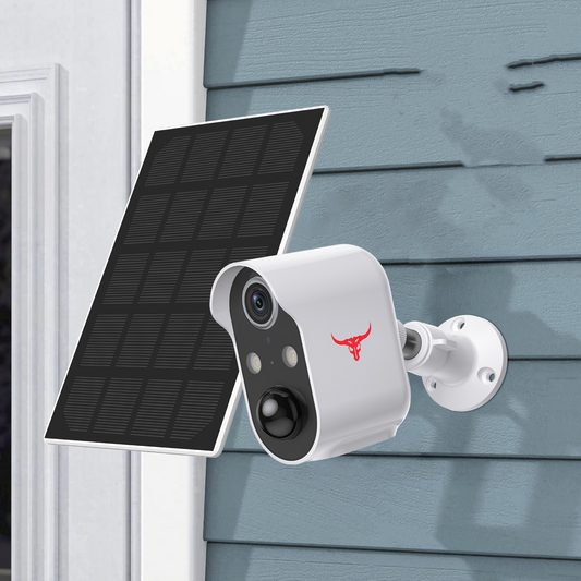 Wireless security camera with solar panel by BackupMyFilesNow.com showing a sleek camera unit connected to a solar energy panel.
