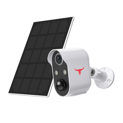 Wireless security camera with solar panel from BackupMyFilesNow.com, featuring Wi-Fi connectivity and 2 million pixel resolution.