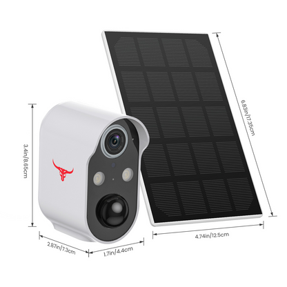 Wireless security camera by BackupMyFilesNow.com with solar panel, Wi-Fi connectivity, and 2 million pixel resolution.