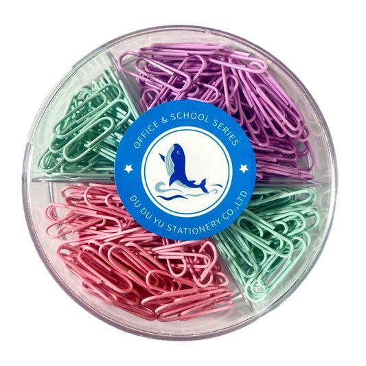 Stylish macaron color office supplies set with purple, green, and pink paper clips from BackupMyFilesNow.com
