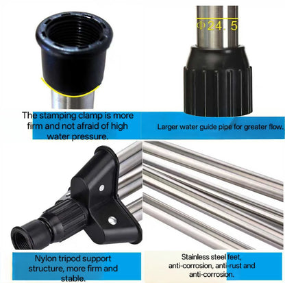 Rotating stainless steel sprinkler with variable flow control for high-pressure garden irrigation system, shown on a paper box.
