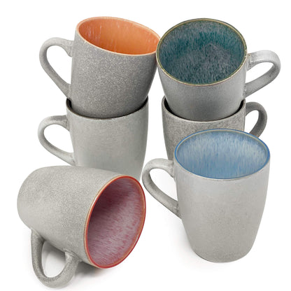 Set of six matte white ceramic coffee mugs, 12 oz, for coffee, featuring large, sturdy design ideal for daily use.