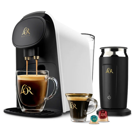 LOR Barista System coffee and espresso machine combo with frother in matte white, featuring a sleek design and steam wand.