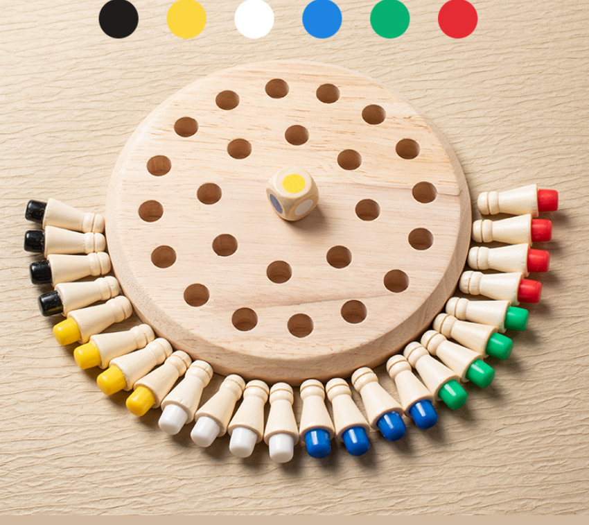 Wooden memory chess puzzle toy by BACKUPMYFILESNOW.COM®, featuring a compact design with colorful chess pieces on a wooden board.