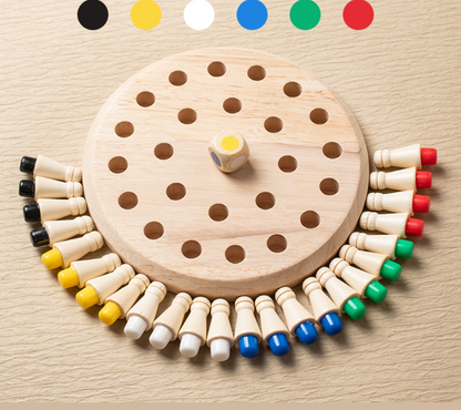 Wooden memory chess puzzle toy by BACKUPMYFILESNOW.COM®, featuring a compact design with colorful chess pieces on a wooden board.