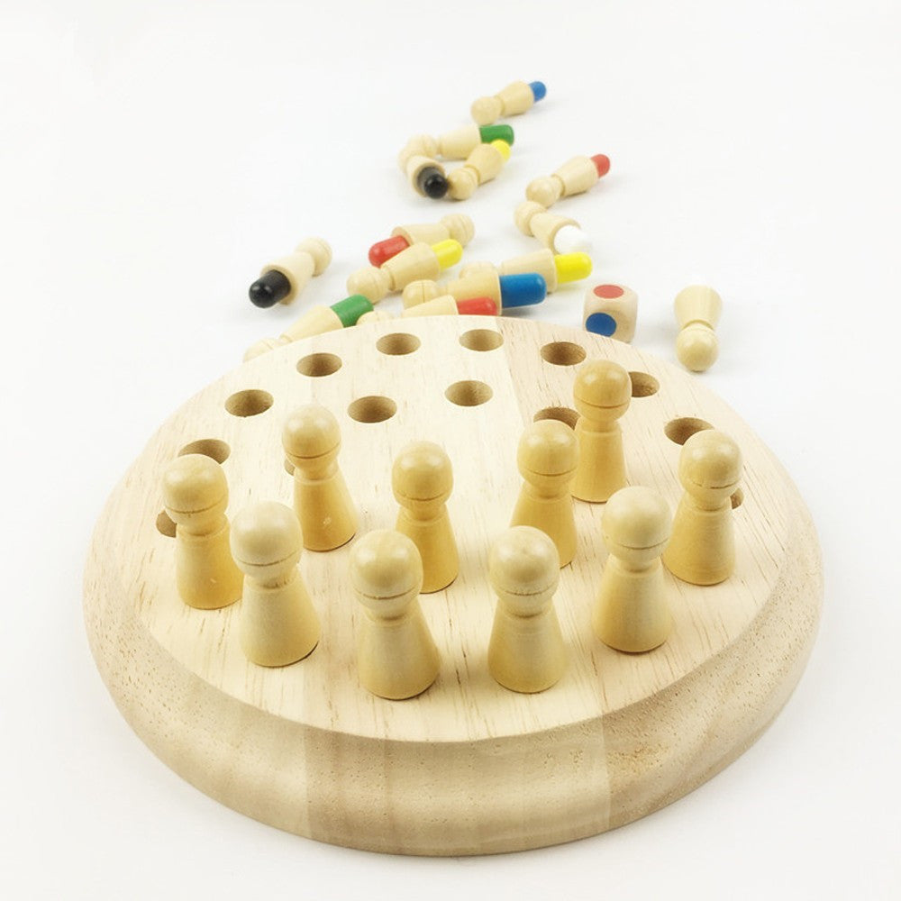 Wooden memory chess puzzle toy by BACKUPMYFILESNOW.COM® featuring a classic chessboard and wooden game pieces.