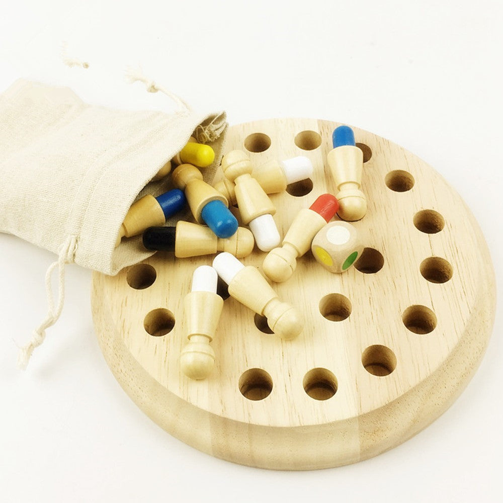 Wooden memory chess puzzle toy by BACKUPMYFILESNOW.COM®, featuring a compact wooden chess-themed memory game in a convenient bag.