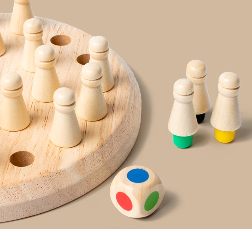 Wooden memory chess puzzle toy by BACKUPMYFILESNOW.COM® featuring a compact wooden storage bag and intricate chess-themed design.