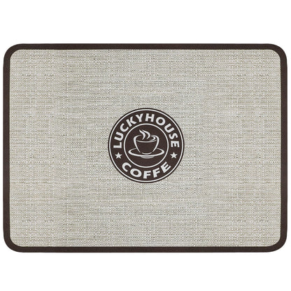 Black coffee bar mat with waterproof rubber backing and absorbent surface, measuring 11.8x15.7 inches for coffee machine protection.