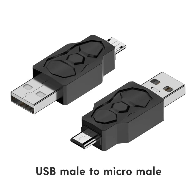 BackupMyFilesNow.com Micro USB to Mini USB connector adapter showing Micro USB female and Mini USB male ports.