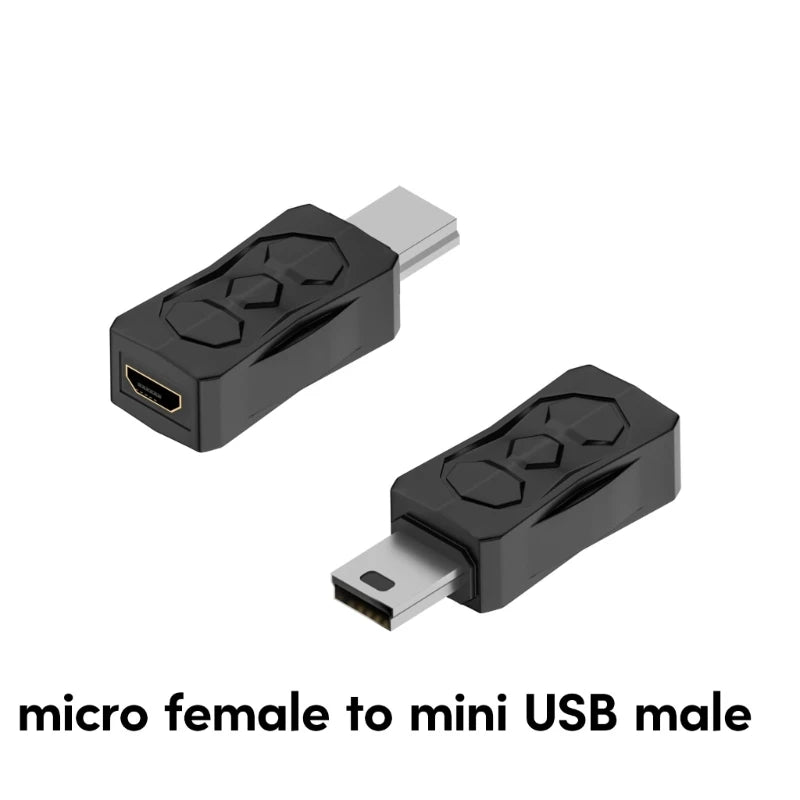 BackupMyFilesNow.com Micro USB to Mini USB connector adapter showing micro USB female and mini USB male ports.