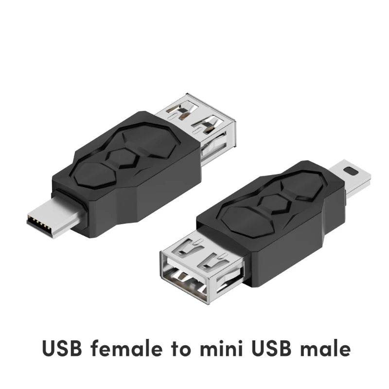 BackupMyFilesNow.com Micro USB to Mini USB connector adapter, USB female to micro male, compact and versatile for device connections.