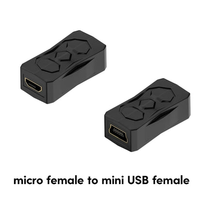 BackupMyFilesNow.com micro USB female to mini USB male adapter, versatile USB connector for device compatibility.