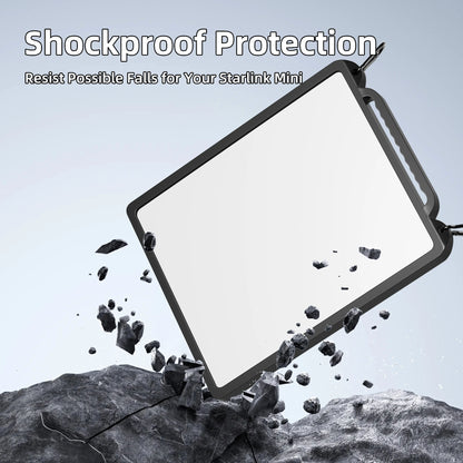 Black silicone protector case for Starlink Mini with hook, designed for backpack use, by BACKUPMYFILESNOW.COM®.