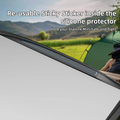 Black silicone protector case for Starlink Mini with hook, designed for backpack use, by BACKUPMYFILESNOW.COM®.