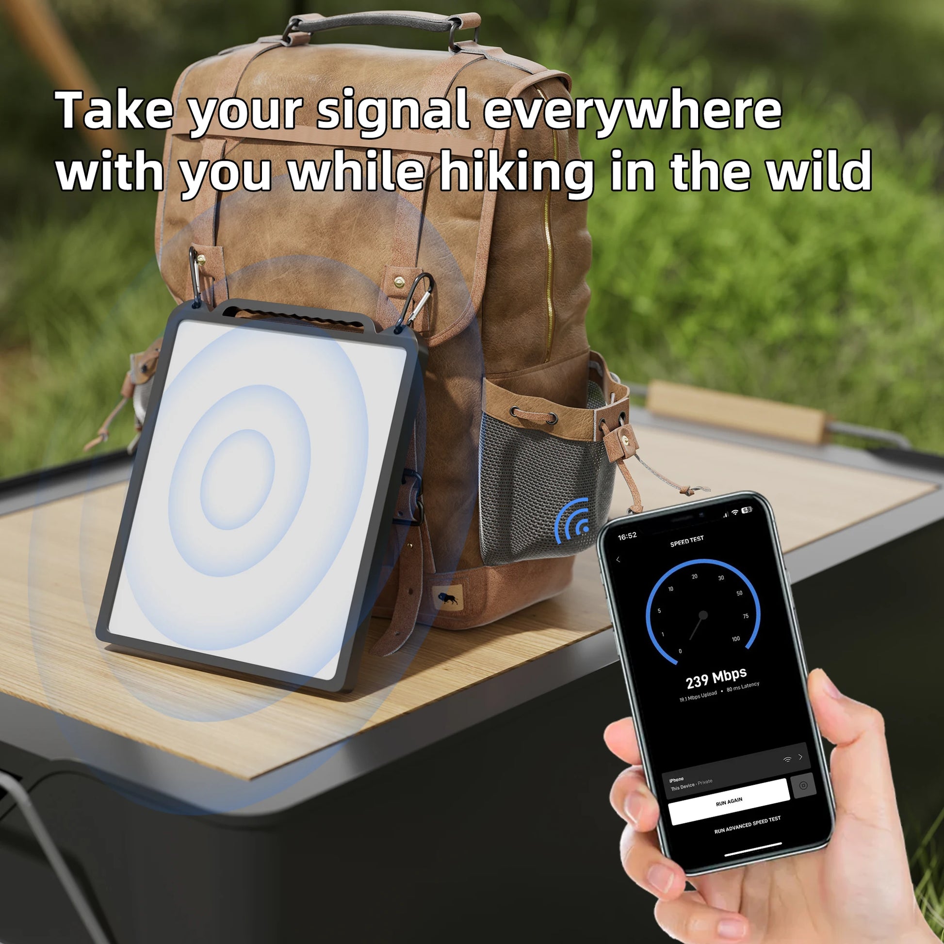 Black silicone protector case with hook for Starlink Mini, designed to attach to backpacks for secure outdoor use.