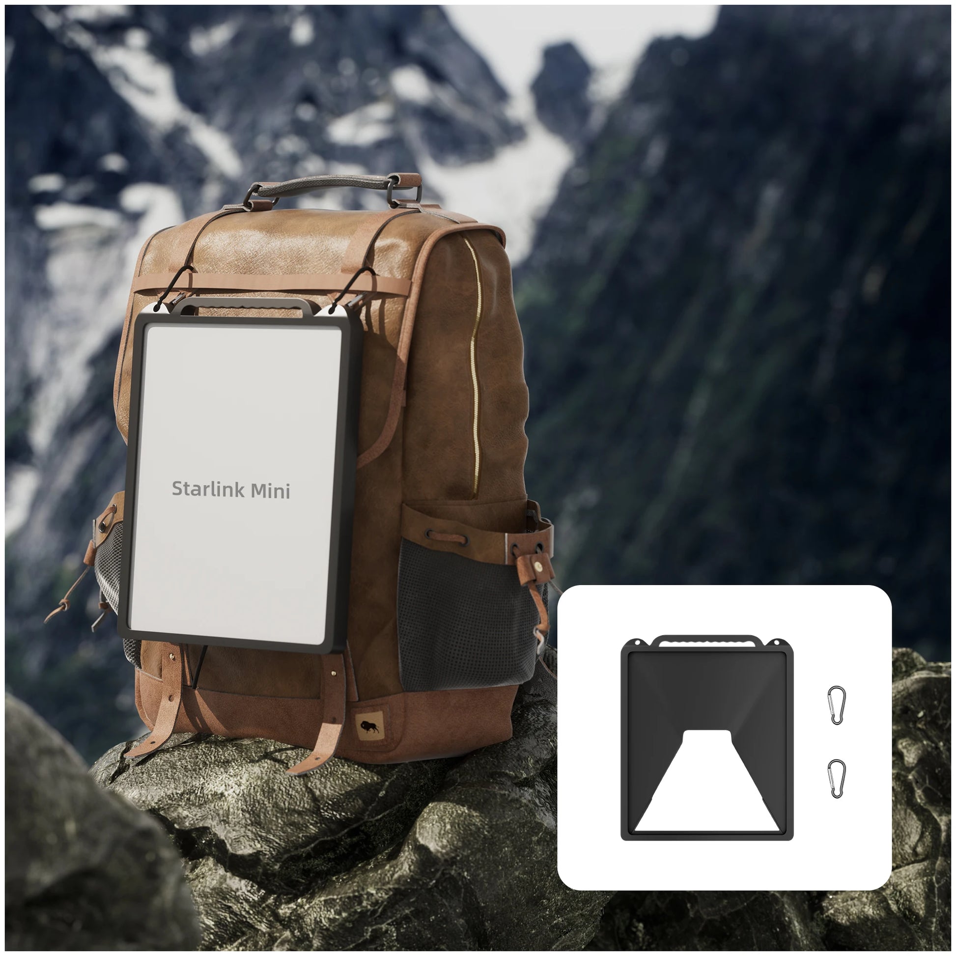 Black silicone protector case for Starlink Mini with hook, designed for backpack attachment, by BACKUPMYFILESNOW.COM®.