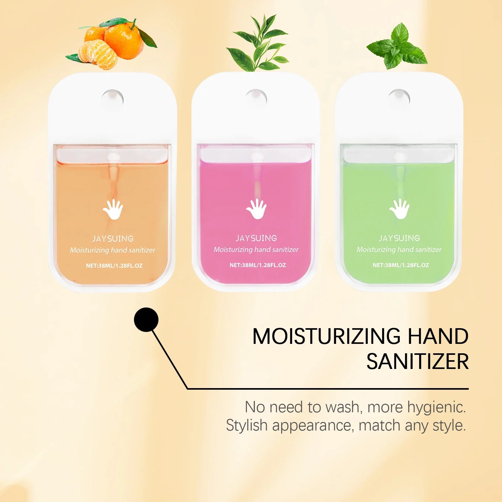 Jaysuing Hand Sanitizer Spray with mint fragrance, portable citrus scent, gentle cleaning, and skin-friendly formula in a compact bottle.