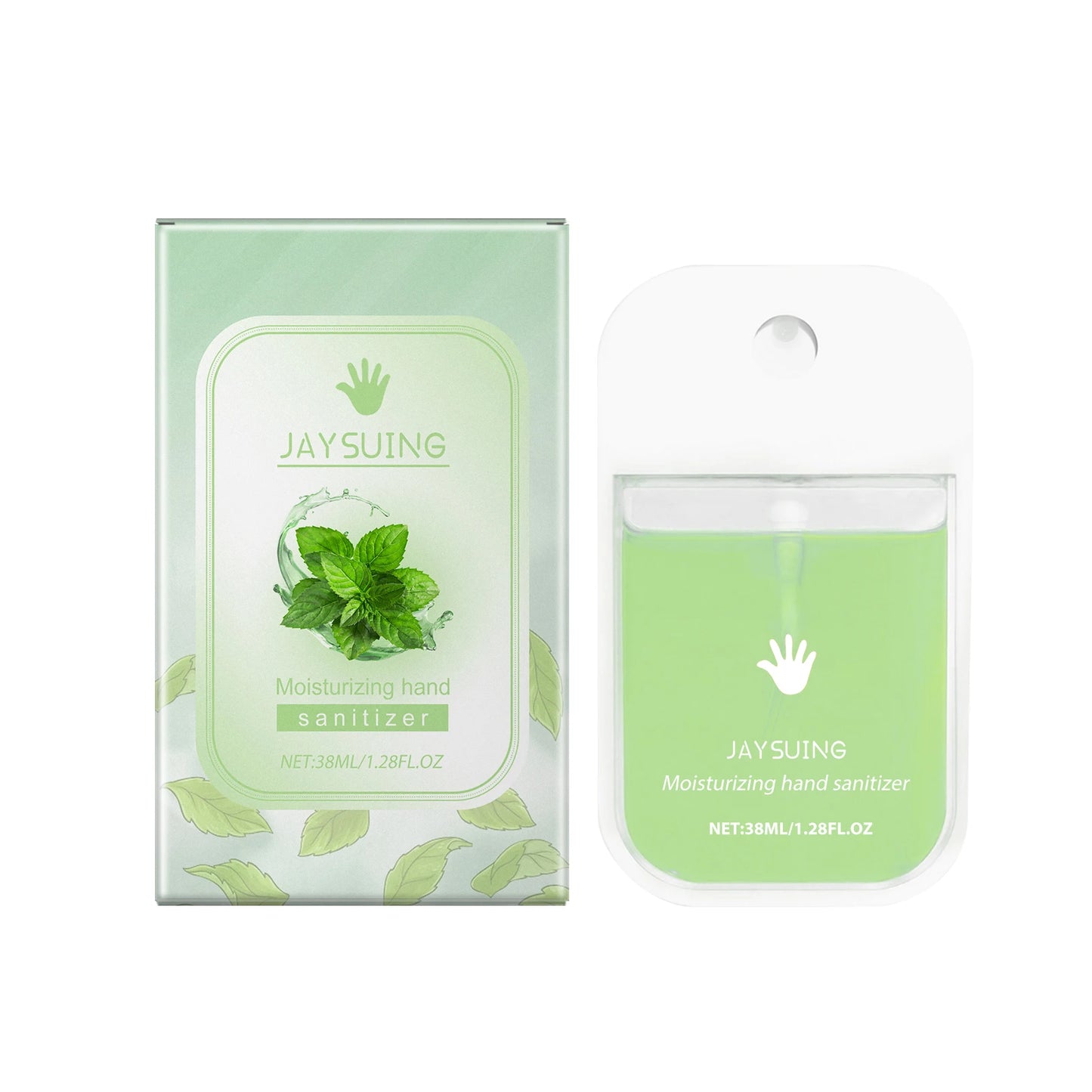 Jaysuing Hand Sanitizer Spray with mint flavor, portable citrus scent, gentle cleaning, and skin-friendly formula in a compact bottle.