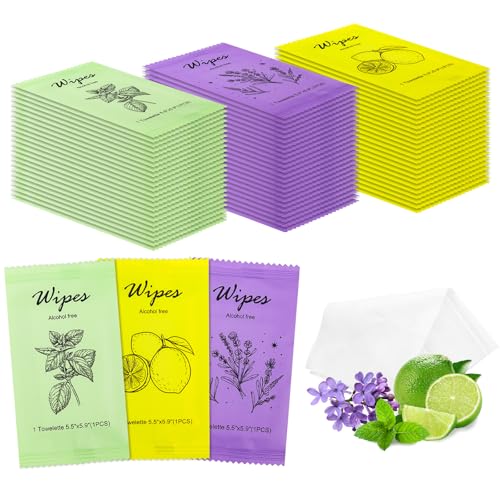 Individual mint lemon lavender wet wipes by BACKUPMYFILESNOW.COM, travel size, individually wrapped for cleansing at weddings, travel, or dining.