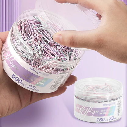 Assorted color paper clips in a storage box, ideal for office supplies, large file bookmarks, and stationery organization.