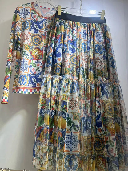 Retro mesh long-sleeved top and big swing skirt set for women, elastic waist, spring and summer fashion print two-piece dress.