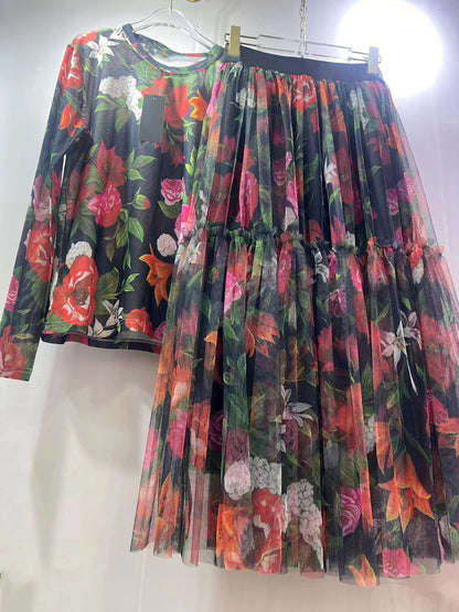 Retro mesh long-sleeved top and big swing skirt two-piece dress for women, with colorful fashion print for spring and summer.