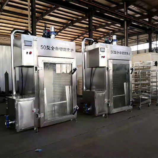 Stainless steel Smokehouse Oven for chicken, sausage, and meat smoking with steam generator and drying features.
