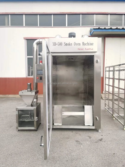 Stainless steel Smokehouse Oven for chicken, sausage, and meat smoking with steam generator and drying features.