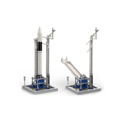 Scale model of SpaceX Falcon 1 rocket with launch building blocks, Saturn V, and satellite, by BACKUPMYFILESNOW.COM®