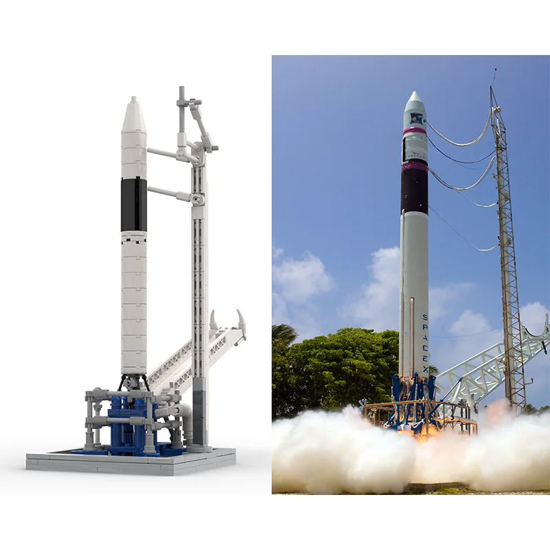 Scale model of SpaceX Falcon 1 rocket with launch building blocks, Saturn V, and artificial satellite, by BACKUPMYFILESNOW.COM®.