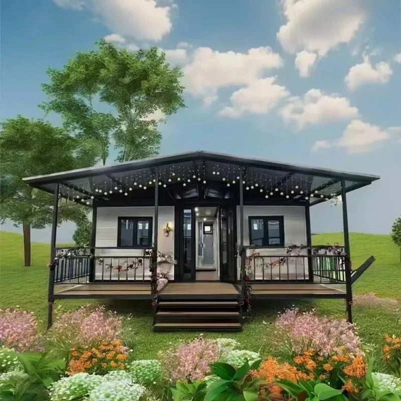 Double-story duplex container house by BACKUPMYFILESNOW.COM® featuring 2-5 bedrooms, kitchen, and bathroom in a luxury prefabricated villa.